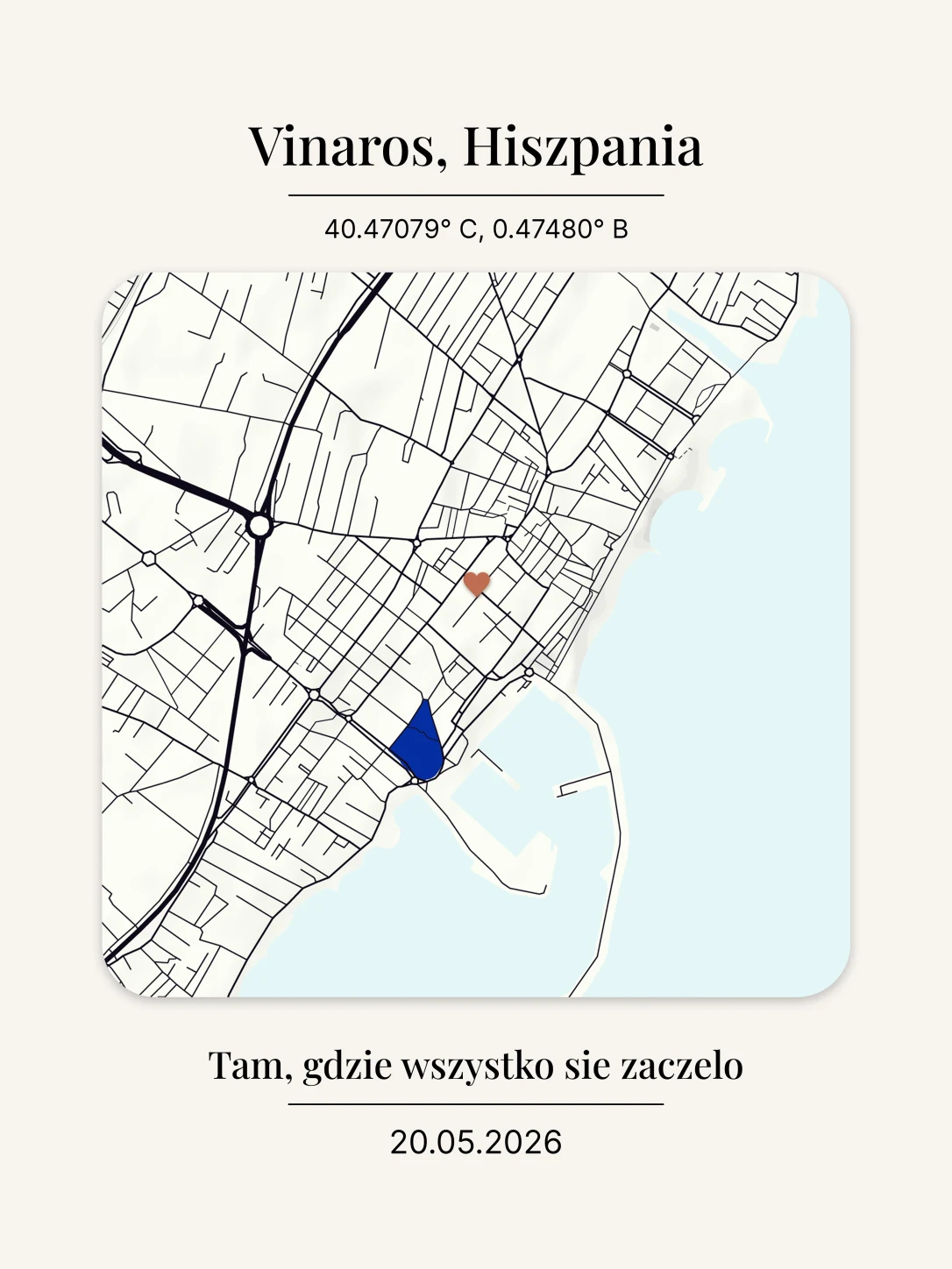 Ramka miejsca z mapą Vinaros Hiszpania i współrzędnymi GPS — personalizowana ramka LoreFrame 15x20 cm