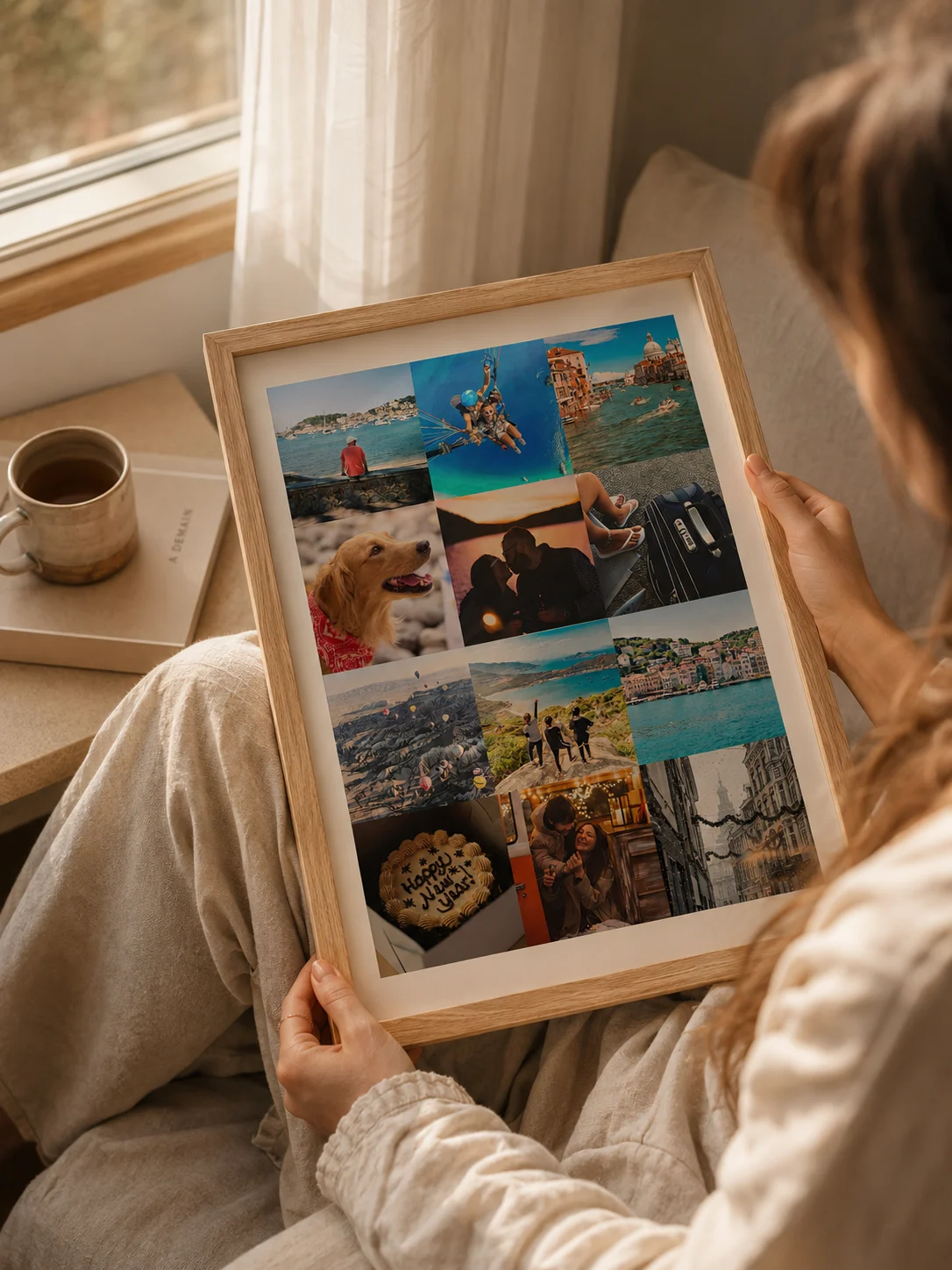 Ramka Polaroid z kolażem zdjęć z podróży i wspomnień w dębowej ramce LoreFrame 15x20 cm