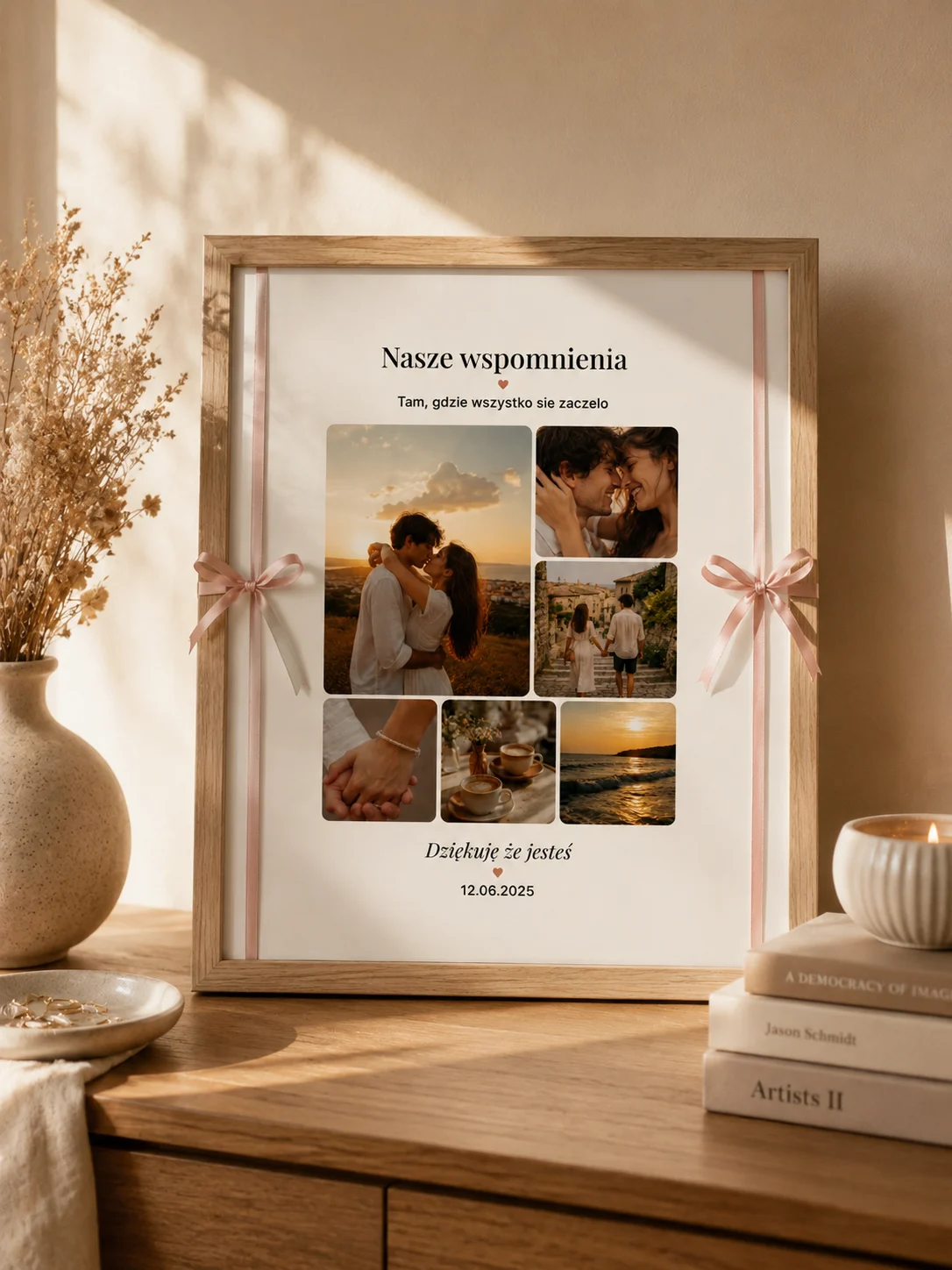 Ramka wspomnień z kolażem zdjęć i kokardkami — personalizowana ramka LoreFrame, dąb 15x20 cm