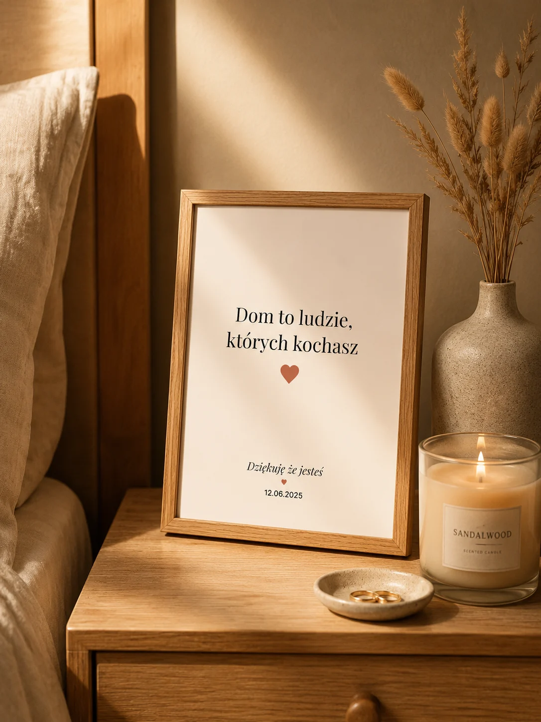 Ramka z przesłaniem i cytatem Dom to ludzie których kochasz — personalizowana ramka LoreFrame, dąb 15x20 cm